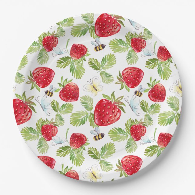 Plato De Papel Fruta de fresa acuática, abejas y mariposas (Anverso)