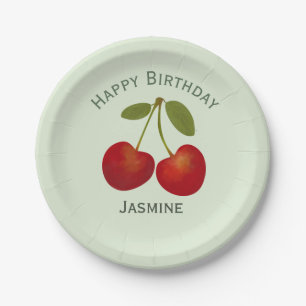 Plato De Papel Fruta roja de las cerezas, feliz cumpleaños