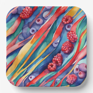 Plato De Papel Frutas de baya y rayas coloridas frescas