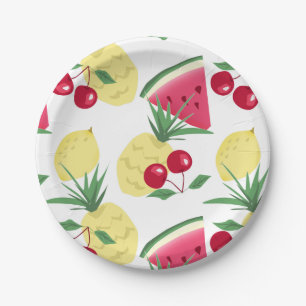 Plato De Papel Frutas y bayas claras en blanco.