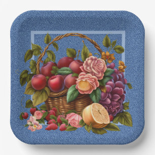 Plato De Papel Frutas y flores de mezclilla azul