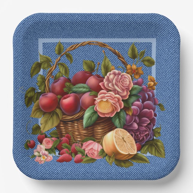 Plato De Papel Frutas y flores de mezclilla azul (Anverso)