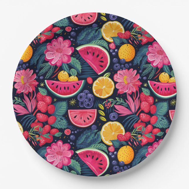 Plato De Papel Frutas y flores tropicales (Anverso)