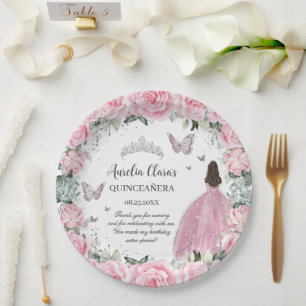 Plato De Papel Fucsia Floral Princesa Plata Quinceañera XV
