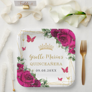 Plato De Papel Fucsia Rosa Caliente Floral Mariposas Quinceañera
