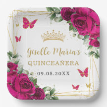 Fucsia Rosa Caliente Floral Mariposas Quinceañera