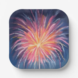 Plato De Papel Fuegos Artificiales de Año Nuevo Feliz | Acuarela