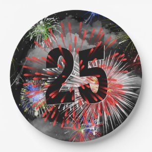 Plato De Papel Fuegos artificiales de cumpleaños 25 en placas de