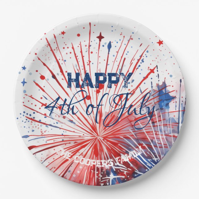 Plato De Papel Fuegos artificiales felices 4 de julio Personaliza (Anverso)