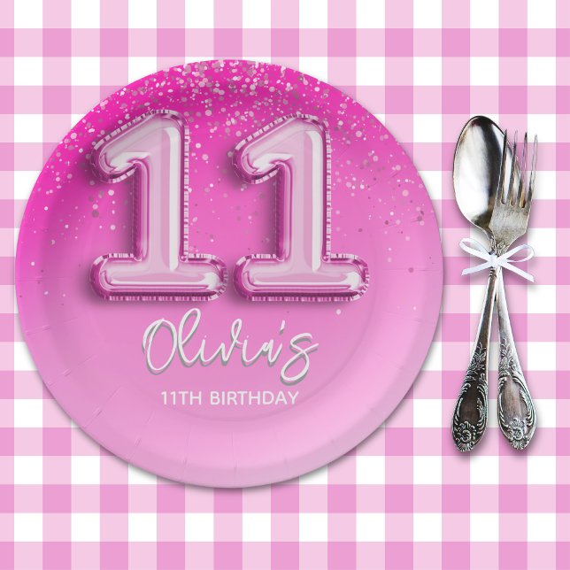 Plato De Papel Fun 11th Birthday Girl Pink Number Balloon (Subido por el creador)