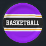 Plato De Papel Fun BASKETBALL negro morado brillante<br><div class="desc">Este diseño deportivo presenta texto BASKETBALL en negrita dentro de una amplia franja de carreras de centro horizontal negra resaltada con piñones gemelos blancos flotantes contra rayas exteriores violetas brillantes. El texto se puede personalizar.</div>