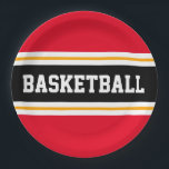 Plato De Papel Fun BASKETBALL rojo brillante amarillo negro<br><div class="desc">Este diseño deportivo presenta texto BASKETBALL en negrita dentro de una amplia franja de carreras horizontal en el centro de color negro resaltada con piñones gemelos blancos flotantes contra rayas exteriores de color rojo brillante. El texto se puede personalizar.</div>
