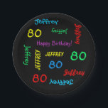 Plato De Papel Fun Black, 80th Birthday Party, Repeating Names<br><div class="desc">Qué maravilloso y personalizado plato de papel para una fiesta de cumpleaños número 80 o cualquier otra ocasión. El nombre y la edad se repiten en diferentes tipos de letra y colores primarios en un fondo negro. Fácil de personalizar: simplemente CAMBIAR NOMBRE, EDAD y OCASIÓN EN UN SOLO LUGAR. Admite...</div>