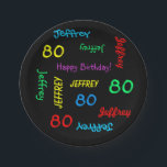 Plato De Papel Fun Black, 80th Birthday Party, Repeating Names<br><div class="desc">Qué maravilloso y personalizado plato de papel para una fiesta de cumpleaños número 80 o cualquier otra ocasión. El nombre y la edad se repiten en diferentes tipos de letra y colores primarios en un fondo negro. Fácil de personalizar: simplemente CAMBIAR NOMBRE, EDAD y OCASIÓN EN UN SOLO LUGAR. Admite...</div>