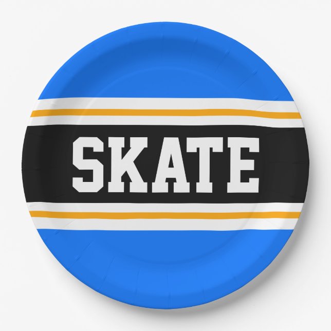Plato De Papel Fun Bright Blue Black Yellow SKATE Carreras Stripe (Anverso)