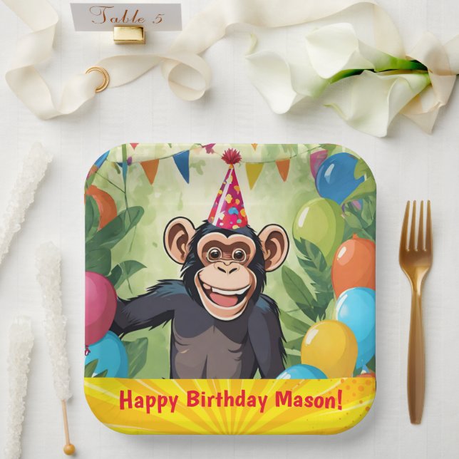 Plato De Papel Fun Chimpanzee Kid's Wild Jungle Monkey Birthday (Boda)