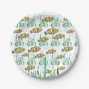 Plato De Papel Fun Clowe Fish Naranja Burbujas azules blancas