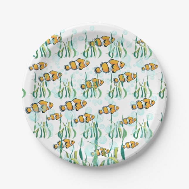 Plato De Papel Fun Clowe Fish Naranja Burbujas azules blancas (Anverso)