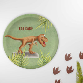 Plato De Papel Fun Eat Cake Greenery T-Rex Children Party