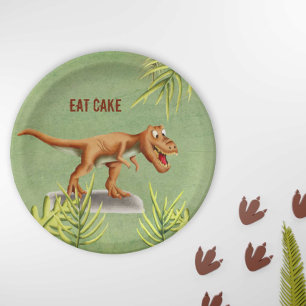 Plato De Papel Fun Eat Cake Greenery T-Rex Children Party