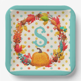 Plato De Papel Fun fall calabaza wreath polka dot verde azulado n