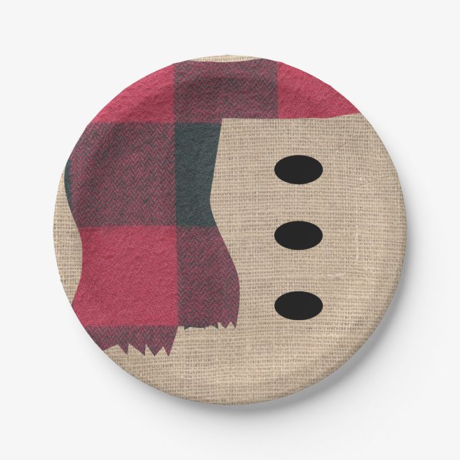 Plato De Papel Fun Farmhouse Burlap Snowman Plaid Scarf & Button (Anverso)