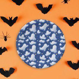Plato De Papel Fun Ghost Blue Halloween Nocturna Sky Watercolor