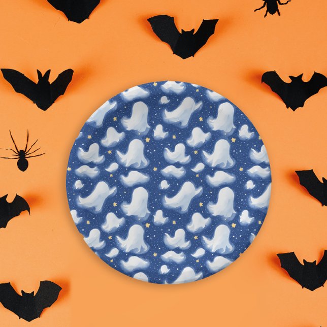 Plato De Papel Fun Ghost Blue Halloween Nocturna Sky Watercolor (Subido por el creador)