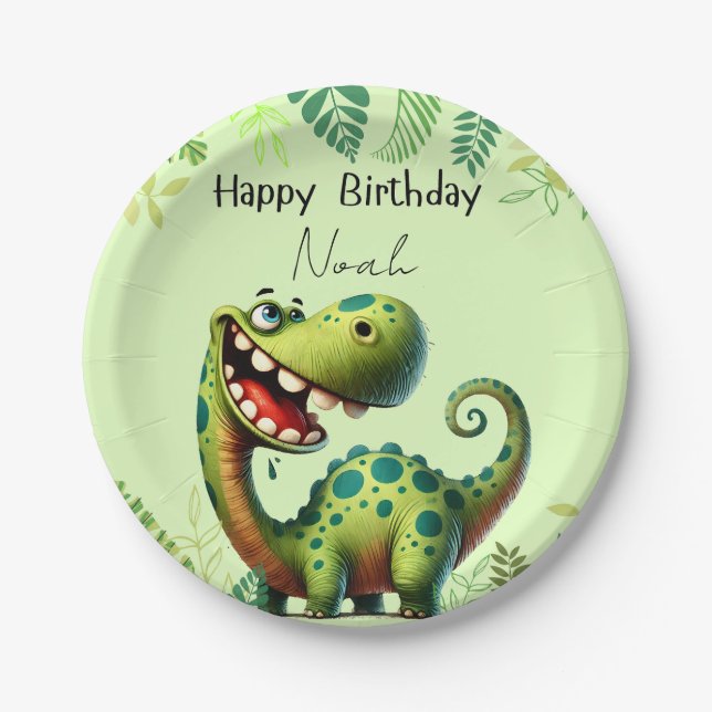 Plato De Papel Fun green Dinosaur Childs Birthday (Anverso)