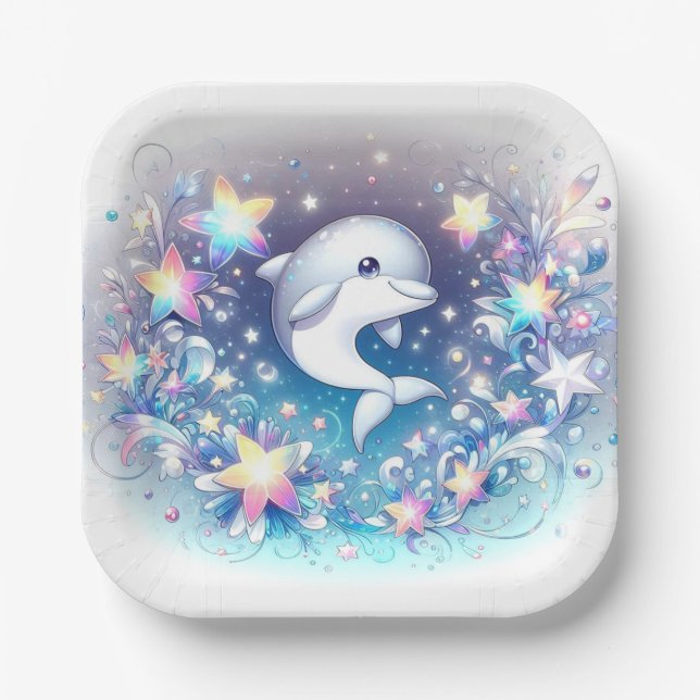 Plato De Papel Fun moderno delfín Baby Shower (Anverso)