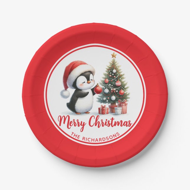 Plato De Papel Fun Penguin Personalizado Blanco Rojo Feliz Navida (Anverso)
