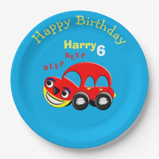 Plato De Papel Fun Personalizado Car Tema Cumpleaños (Anverso)