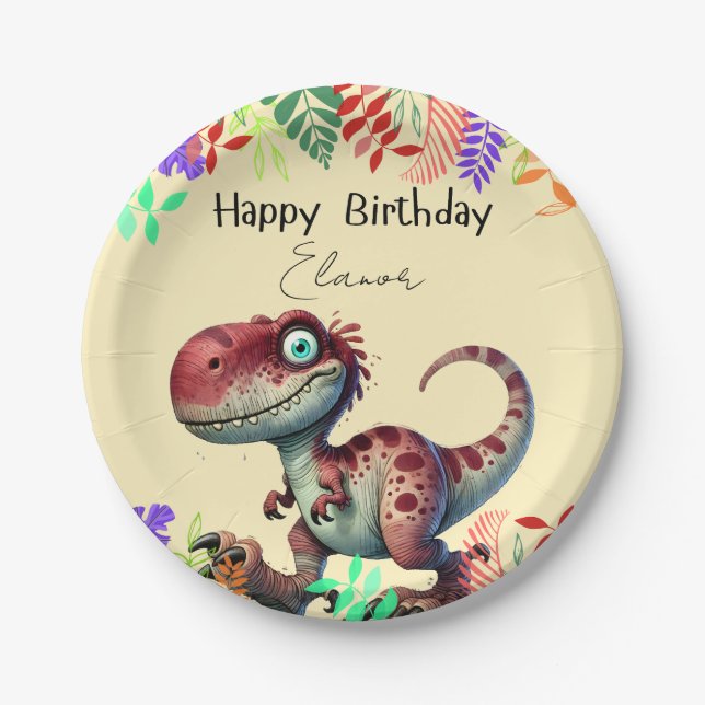 Plato De Papel Fun Pink Dinosaur Childs Birthday (Anverso)