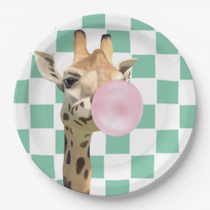 Plato De Papel Fun Retro Rosa Bubblegum Soplando Girafa