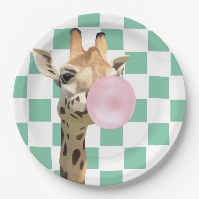 Plato De Papel Fun Retro Rosa Bubblegum Soplando Girafa (Anverso)