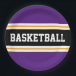 Plato De Papel Fun Royal Purple Black Yellow BASKETBALL Stripes<br><div class="desc">Este diseño deportivo presenta texto BASKETBALL en negrita dentro de una amplia franja de carreras de centro horizontal negra resaltada con piñones gemelos blancos flotantes contra franjas exteriores púrpura reales. El texto se puede personalizar.</div>