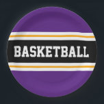Plato De Papel Fun Royal Purple Black Yellow BASKETBALL Stripes<br><div class="desc">Este diseño deportivo presenta texto BASKETBALL en negrita dentro de una amplia franja de carreras de centro horizontal negra resaltada con piñones gemelos blancos flotantes contra franjas exteriores púrpura reales. El texto se puede personalizar.</div>