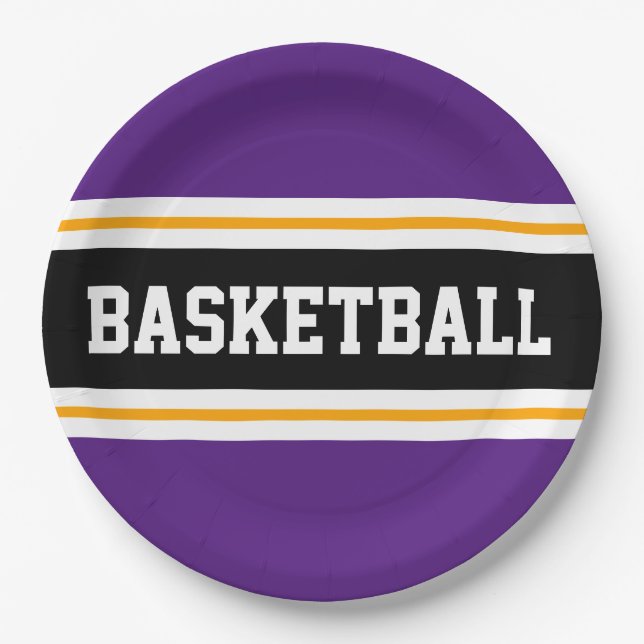 Plato De Papel Fun Royal Purple Black Yellow BASKETBALL Stripes (Anverso)