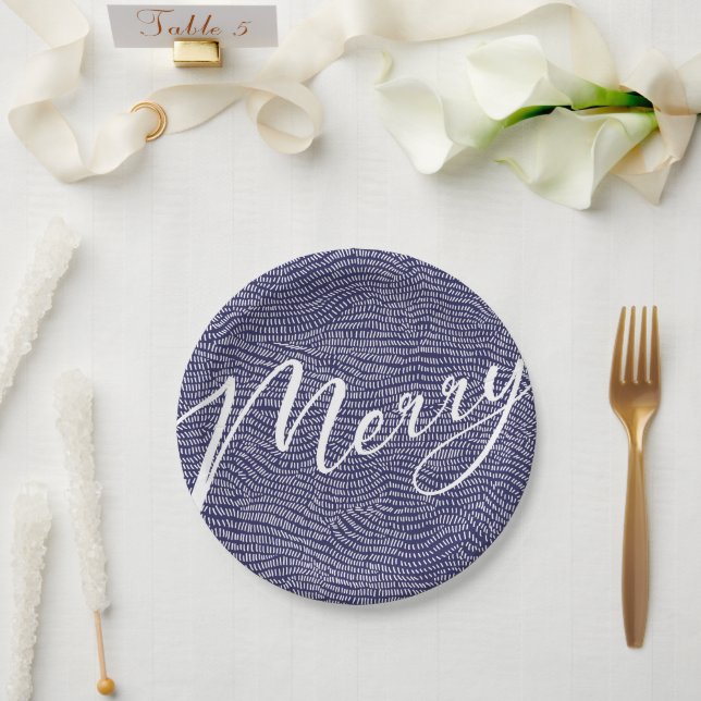 Plato De Papel Fun simple Doodle azul Feliz Navidad (Boda)