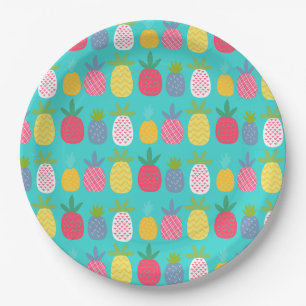 Plato De Papel Fun Sky Blue Colorful Pineapple patrón