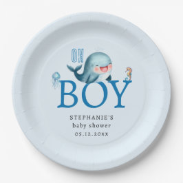 Plato De Papel Fun Whale Under Sea Watercolor Boy Baby Shower