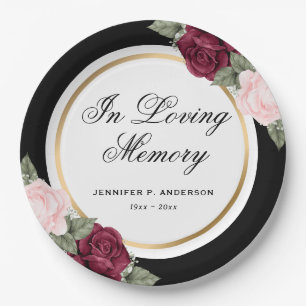 Plato De Papel Funeral conmemorativo floral color rojo rosado neg