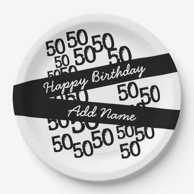 Plato De Papel Funky blanco negro personalizado 50 cumpleaños (Anverso)