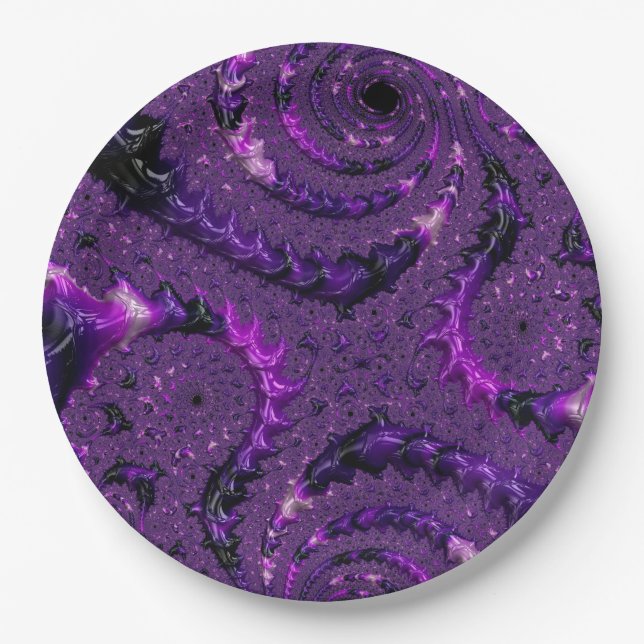 Plato De Papel Funky Bold Boho Púrpura Digital Abstracto Fractal (Anverso)