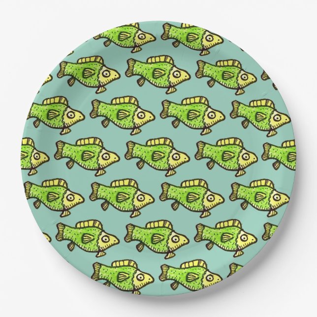 Plato De Papel Funny Cartoon Green Fish Drawing (Anverso)