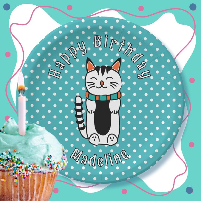 Plato De Papel Funny Cat Personalizado Turquoise White Dot Cumple (Subido por el creador)