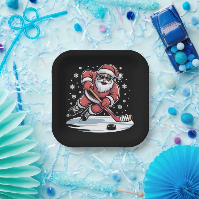 Plato De Papel Funny Christmas Santa Playing Ice Hockey Xmas  (Fiesta)