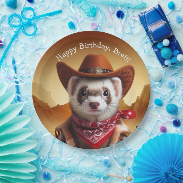 Plato De Papel Funny Cowboy Ferret Western Style Cumpleaños (Fiesta)
