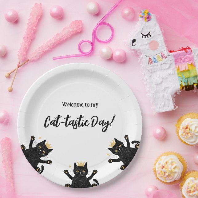 Plato De Papel Funny Crown Black Cat Birday (Fiesta)