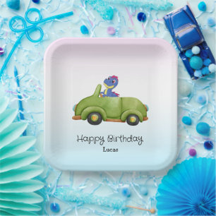 Plato De Papel Funny dinosaur antiguo coche cumpleaños Escuela ni